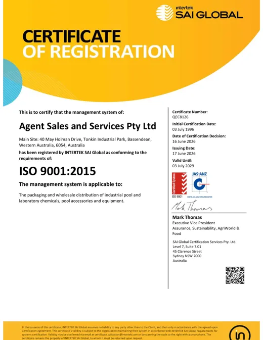 ISO 9001:2015 certificate of registration, Intertek SAI Global, certificate QEC8126